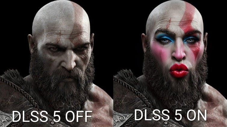 At left an image of a bald, bearded man labelled DLSS-5 OFF. At right the same man wearing makeup and pouting, labelled DLSS-5 ON.