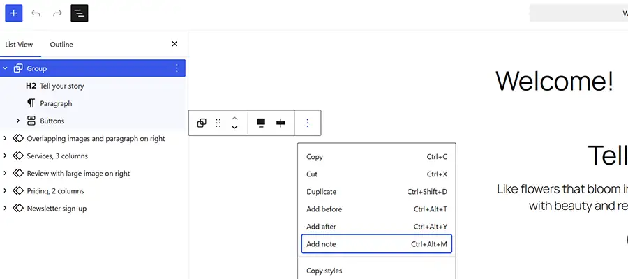 The Add Note feature lives in the block Options menu