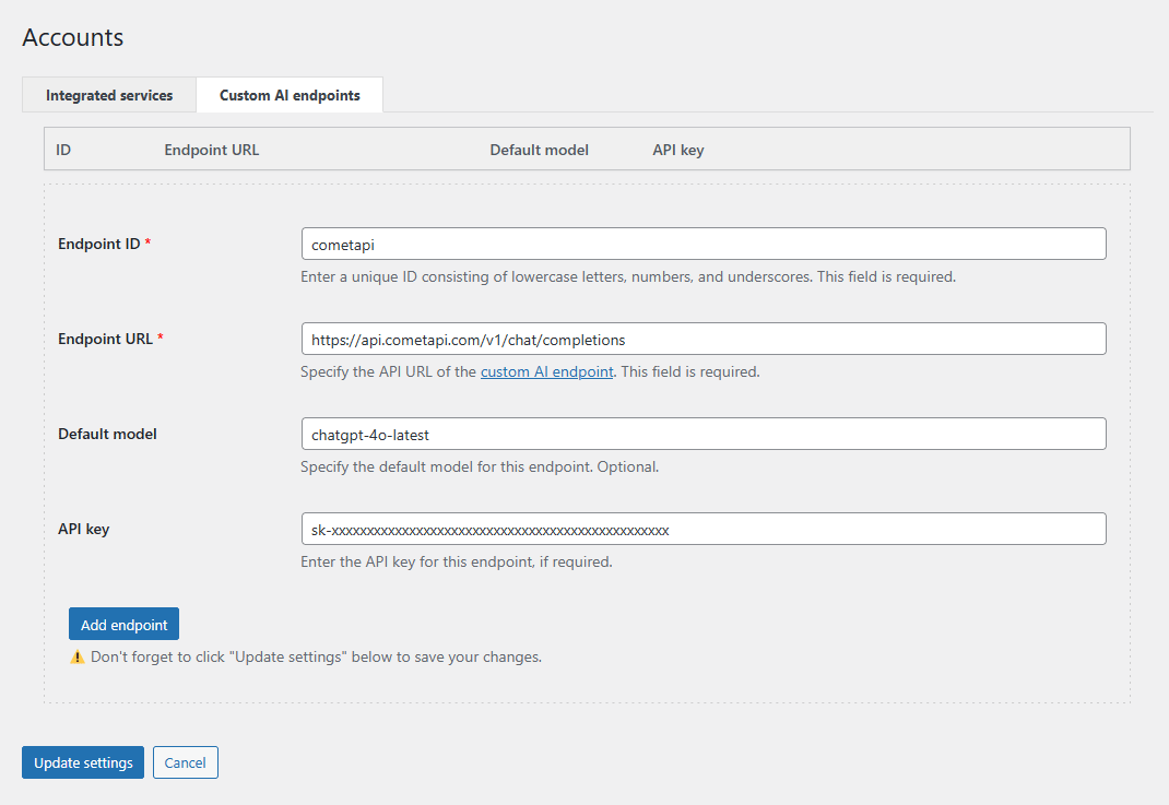 CyberSEO Pro Accounts - Custom AI endpoints