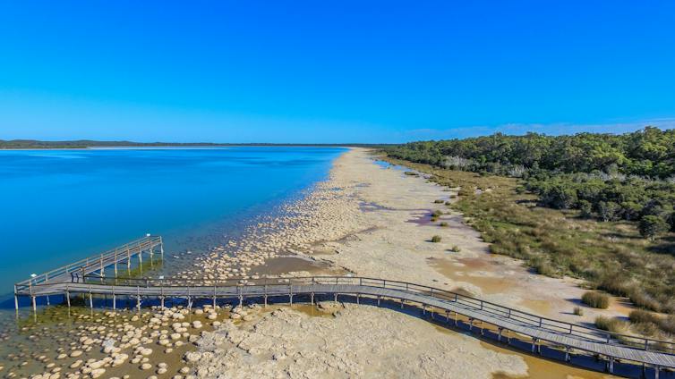 A boardwalk on a lakeside under blue skies, with mounds in the sand.